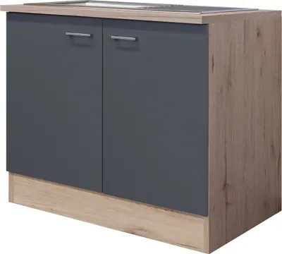 Produktbild von Spülenunterschrank mit Arbeitsplatte & Spüle - 100 cm breit - Basaltgrau Matt San Remo Eiche – Moren