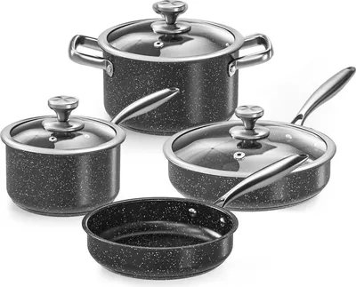 Produktbild von 7-teiliges Granit-Kochgeschirr-Set aus Edelstahl, antihaftbeschichtet