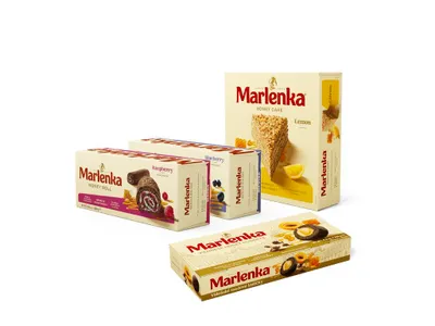 Obrázok produktu pre MARLENKA® Zmes ovocných výrobkov - Torta s citrónom (800 g), Viedenské guličky (235 g), roláda s čučoriedkami a roláda s kakaom a malinami (2 x 300 g)