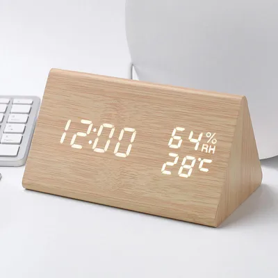 Produktbild von Wecker aus Holz, mit Tonsteuerung Luftfeuchtigkeit Temperatur Datum
