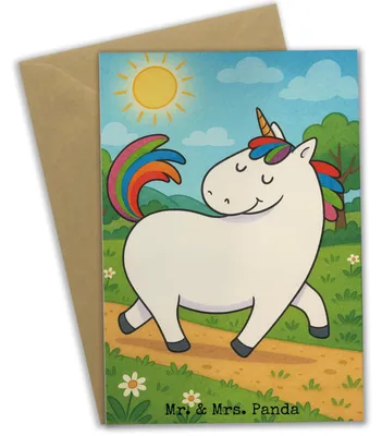 Produktbild von Mr. & Mrs. Panda Grußkarte Einhorn Stolzieren Design - Weiß - Geschenk, Grußkarten, osterkarten, Einhörner, Pferd, glückwunschkarten, osterkarte, einladungskarten, Reiten