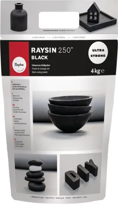 A bag of black casting powder with images of finished products.