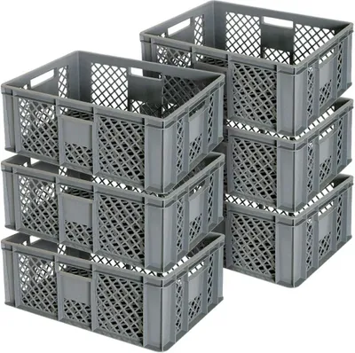 A stack of grey plastic crates.