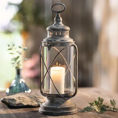 Produktbild von Laterne "Retro" aus Metall & Glas, grau, mit Antik Finish in gold & silber, Kerzenständer, Windlicht Kerzenhalter, Hängelaterne