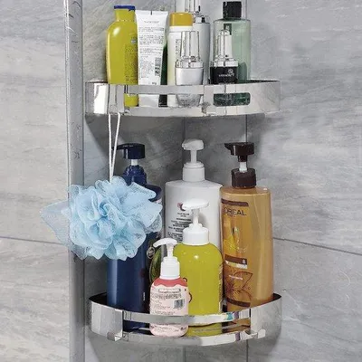 Imagen del producto de Estante de ducha Unyqoos® de acero inoxidable, sin necesidad de taladrar, con adhesivo, de 2 niveles, con 4 ganchos, ideal para baño y cocina