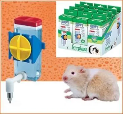 A pet water bottle dispenser and a hamster are shown, along with a display box of the water bottles.