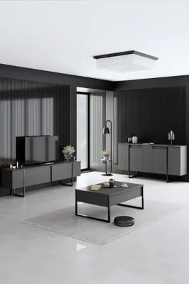 Produktbild von skye-decor Wohnzimmermöbel-Set Luxe, Modern, 3 Teile, Anthrazit/Schwarz/Nussbaum, 160 x 80 x 35 cm, 18mm melaminbeschichtete Spanplatte, Metallbeine
