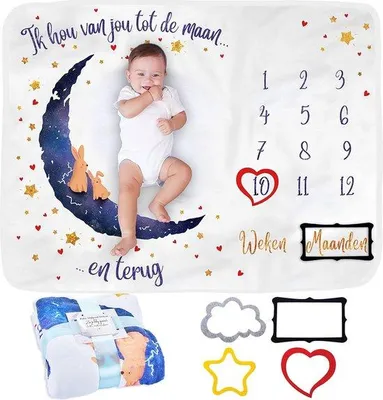 Image de Couverture Unyqoos® pour marquer les étapes de développement de bébé – Photocouverture pour immortaliser les moments importants, blanche avec des motifs de lune et d'étoiles, 130 x 100 cm, 100% polyester, avec cadres de marquage colorés inclus