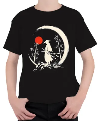 Obrázek produktu pro Samuraj, ronin, katana, japonská červená slunce, zen, Japonsko, Y2K, bushido, dětské tričko, černá barva, velikost 104