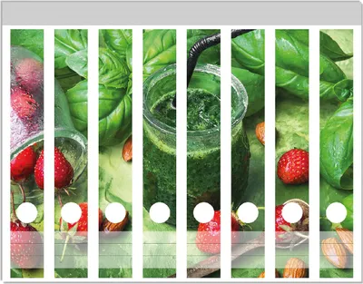 Produktbild von Wallario Ordnerrücken Sticker, selbstklebend für schmale Ordner, 8 Stück, Motiv Grüner Smoothie mit Erdbeeren
