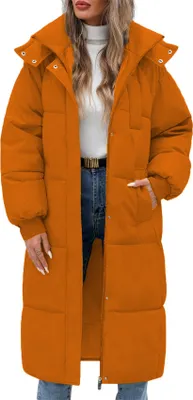 Obrázek produktu pro ASKSA dámský zimní kabát dlouhý prošívaný kabát zimní péřový kabát teplá bunda kabát péřová bunda s kapucí (Orange,XL)