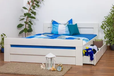 Produktbild von Doppelbett / Stauraumbett "Easy Premium Line" K6 inkl. 2 Schubladen und 1 Abdeckblende 180 x 200 cm Buche Vollholz massiv weiß lackiert