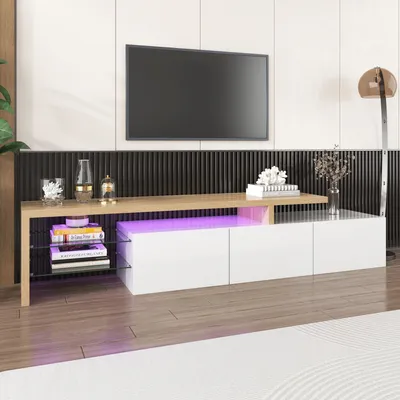 Produktbild von Odikalo TV-Schrank Lagerschrank Stauraum Hochglanz Holzoptik Glasböden LED Weiß