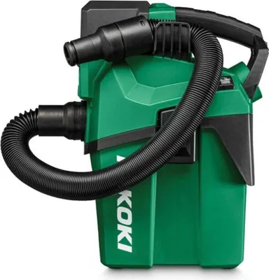 A green and black Hikoki vacuum cleaner is shown against a white background.