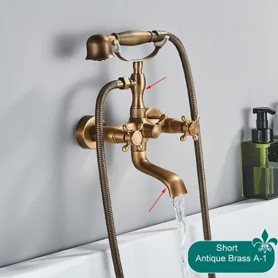 Immagine prodotto di Miscelatore monocomando per vasca da bagno e doccia in stile telefono, finitura anticata in ottone spazzolato, con valvola in Vetroceramica per l'acqua calda e fredda