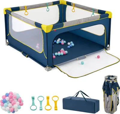 Produktbild von GOPLUS 150cm Laufstall Faltbar Babys mit atmungsaktivem Netz, Laufgitter mit 50 Bällen, 4 Griffen & Tragetasche