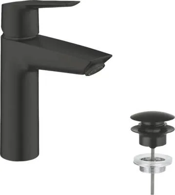 A black matte faucet and a matching drain assembly are shown against a white background.