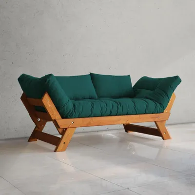 Image de Canapé de jardin 2 places en bois de pin et lin teck et vert pétrole - L 180 à 210 × P 75 cm - Imperméable