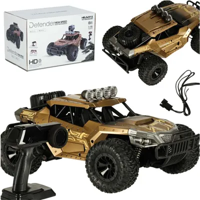 A collage of images showing a remote-controlled off-road car, its packaging, and accessories.