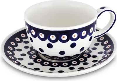 Produktbild von Original Bunzlauer Keramik Kaffeetasse Teetasse Ø9,8 cm klassisch 200 ml mit Unterschale Ø16 cm im Design 46