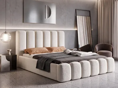 Produktbild von Polsterbett 160x200 mit Bettkasten VELARO, Stauraum und Metall-Lattenrost – Bouclé Stoff Creme