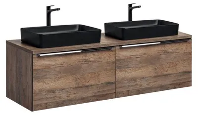 Image de Ensemble salle de bain double vasques noires + plateau 160 cm - Rosario Oak