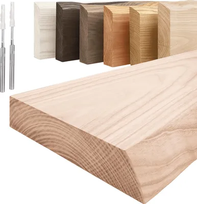 Image de LAMO Manufaktur Étagère Flottante Murale Bois avec Fixation Invisible | Etagere 150 cm Largeur pour Salle de Bain, Couloir, Cuisine | Couleur:  Brut Bord: Naturel | Bois Massif, Design Moderne