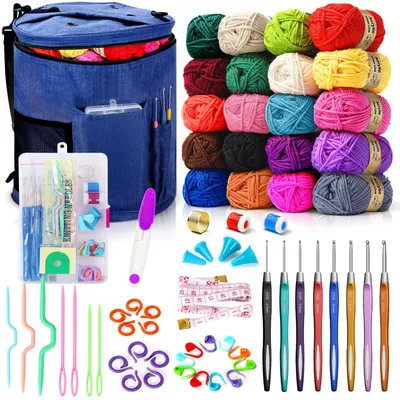 Produktbild von 75 Farben Häkelwolle Set, Große Stricktasche, 20 Garnfarben, komplettes Set Mit Strickzubehör Einschließlich Häkelnadeln, Maschenmarkierern, Maßband und Mehr, Anfänger Crochet
