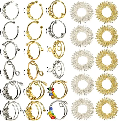 Produktbild von Anti-Stress-Ring – Set mit 18 Stück – Verstellbarer Angst-Ring mit 10 Akupressurpunkten – Linderung von Ängsten – Ideal für Reisen