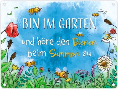 Produktbild von Bin im Garten Metallschild in 15x20 cm mit Blumenwiese und Bienen