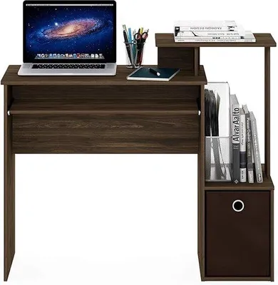 Produktbild von Unyqoos® Computer-Schreibtisch – kompakter Vintage-Braun Tisch mit seitlichen Ablagen, Tastaturauszug & Vliesfach, Holzwerkstoff/Kunststoffrohre, 100,1×86,6×39,9 cm