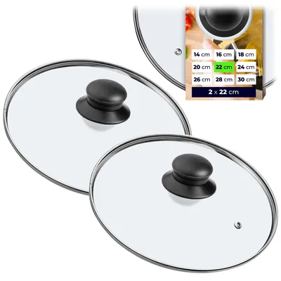 Two glass pot lids with black handles are shown, with a marketing graphic in the upper right corner displaying various sizes.