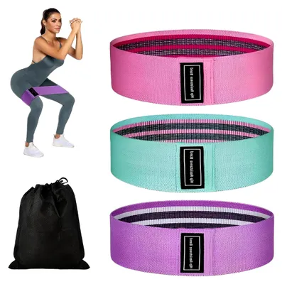 Produktbild von Set von Fitnessbändern, Widerstandsbänder in 3 Stärken, rutschfeste Stoffbänder für Po, Beine, Yoga, Pilates und Muskelaufbau
