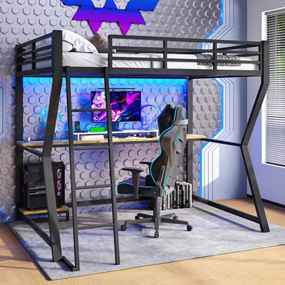 Produktbild von STILVORA Hochbett 90×200 Metallbett Kinderbett mit APP-gesteuertem Ambientelicht & Computerkonsolenablage, Steckdose+USB, ohne Matratze, Schwarz