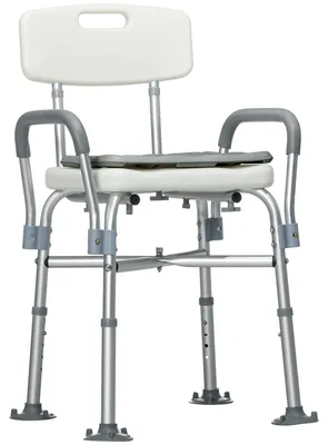 Produktbild von Duschstuhl fš¹r Senioren mit Rš¹ckenlehne, Armlehnen, h?henverstellbarem Sitzkissen, abnehmbarem Polster, Belastbarkeit 136 kg, Grau