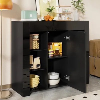Image de Étagère de salle de bain - Noir brillant - Largeur 110 cm - Avec étagères en verre et porte d'armoire