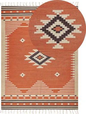 Produktbild von BELIANI Kelim-Teppich Orange Baumwolle 160 x 230 cm mit Fransen Geometrischem Muster Handgewebt Zweiseitig Modern Wohnzimmer Schlafzimmer