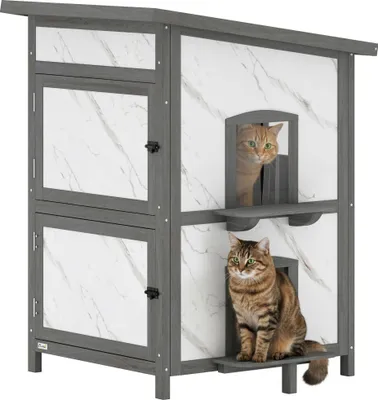 Produktbild von PawHut Katzenhaus aus Holz 2-stöckiges Outdoor Isolierte Katzenhütte mit Fenster