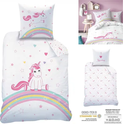 Produktbild von Einhorn Regenbogen Wende Bettwäsche-Set 135x200 80x80 cm Linon  Kinder-Bettwäsche für Mädchen Unicorn Rainbow weiss