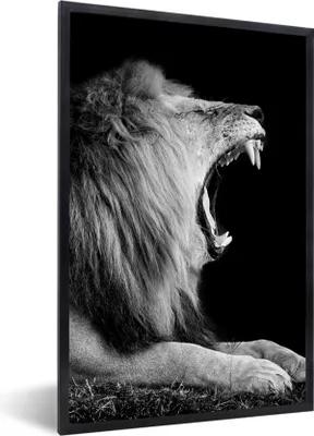 Produktbild von MuchoWow® Gerahmtes Poster Löwe - Wildtiere - Gras - Schwarz - Weiß 60x90 cm - Poster mit Schwarzem Bilderrahmen Wandposter Rahmen Foto Bilder - Kunst