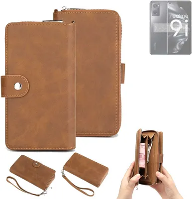 Produktbild von K-S-Trade Handyhülle Schutzhülle kompatibel mit Realme 9i & Portemonnee Tasche Handytasche Case Etui Geldbörse Wallet braun (1x)