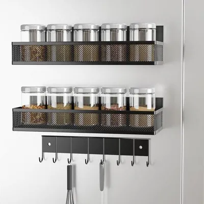 Produktbild von Famanu Magnetisches Kräuterregal, 3 Stück Kühlschrankregale, mit 8 Haken für Küchenorganisation, schwarz