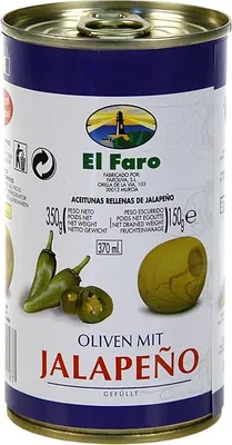Produktbild von El Faro | Grüne Oliven gefüllt mit Jalapeño | Scharf & Würzig | 350 g / 150 g Abtropfgewicht
