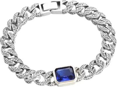 Produktbild von Uni-Armband, ausgehöhlte dicke Kette, blauer Strass, Vintage-Stil, polierte Legierung, Armreif für Paare, individueller Handgelenkschmuck