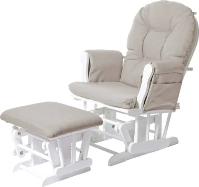 A white glider chair and ottoman set with cream-colored fabric cushions, shown against a white background.