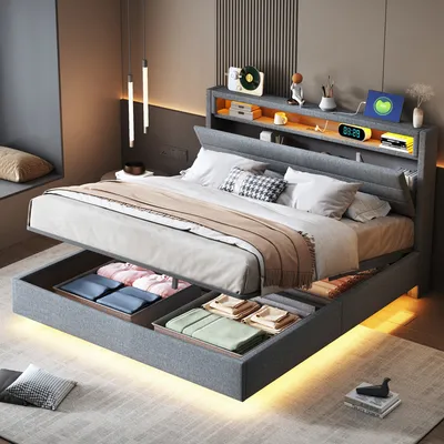 Produktbild von Flieks Polsterbett 140x200cm mit LED & USB, Doppelbett Stauraumbett mit Aufklappbarem Kopfteil, Hydraulisches Bett Boxspringbett, Leinen, Grau