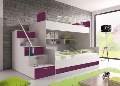Produktbild von Etagenbett TOMI 2 , Doppelstockbett Hochglanz Kinderbett Hochbett , MIT Materaze und Lattenrost (Weiss / Lila, Treppenseite: LINKS)