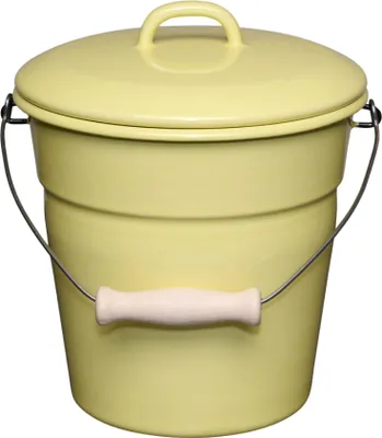 A pale yellow bucket with a lid and a wooden handle is shown against a white background.