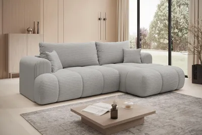 Produktbild von Ecksofa TREVIO Rechts in Hellgrau Stoff TILIA-Cord 260 × 93 x 165 cm – Modernes Designsofa mit Ottomane