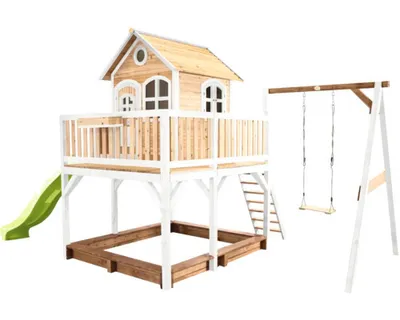 Produktbild von AXI Spielhaus Liam mit Sandkasten, Schaukel & hellgrüner Rutsche | Stelzenhaus XXL in Braun & Weiß aus Holz für Kinder | Spielturm mit